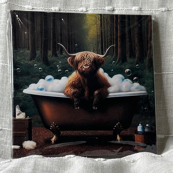 Highland Cow Bubble Bath Canvas Art Wall Hanging Canvas NWT Gifts 8.5"x8.5"x.75" - Picture 5 of 7